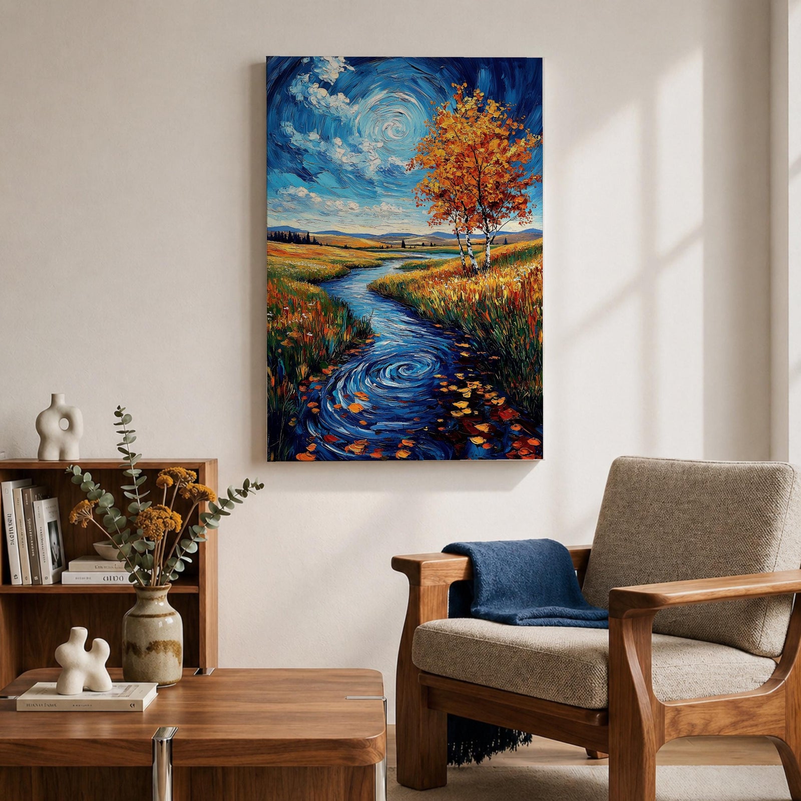 An impasto style oil painting depicting an autumn river winding through a vibrant landscape with colorful fall foliage, swirling water patterns, and a bright sky with clouds. The textured brushstrokes emphasize the natural scene of a river flowing between grassy fields and trees in autumn.