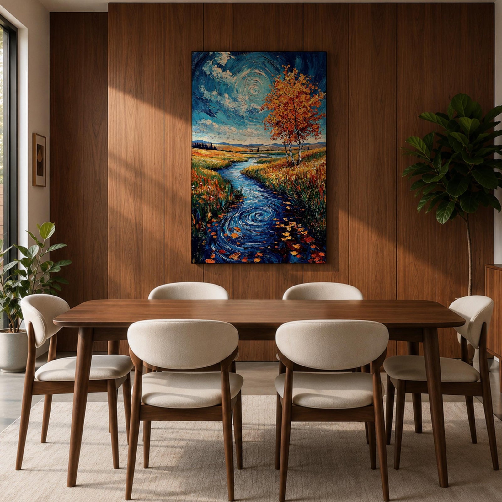 An impasto style oil painting depicting an autumn river winding through a vibrant landscape with colorful fall foliage, swirling water patterns, and a bright sky with clouds. The textured brushstrokes emphasize the natural scene of a river flowing between grassy fields and trees in autumn.