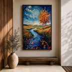An impasto style oil painting depicting an autumn river winding through a vibrant landscape with colorful fall foliage, swirling water patterns, and a bright sky with clouds. The textured brushstrokes emphasize the natural scene of a river flowing between grassy fields and trees in autumn.