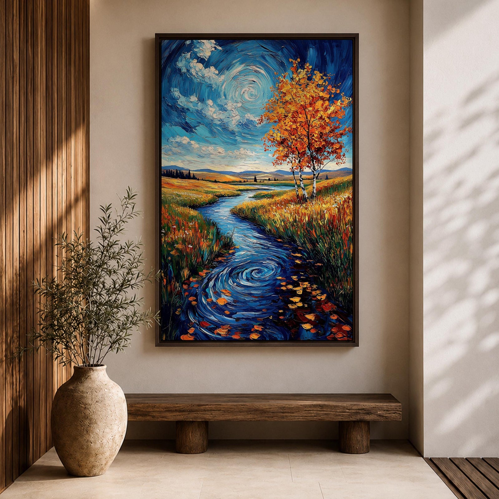 An impasto style oil painting depicting an autumn river winding through a vibrant landscape with colorful fall foliage, swirling water patterns, and a bright sky with clouds. The textured brushstrokes emphasize the natural scene of a river flowing between grassy fields and trees in autumn.