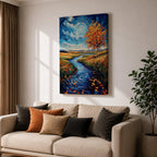 An impasto style oil painting depicting an autumn river winding through a vibrant landscape with colorful fall foliage, swirling water patterns, and a bright sky with clouds. The textured brushstrokes emphasize the natural scene of a river flowing between grassy fields and trees in autumn.