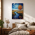 An impasto style oil painting depicting an autumn river winding through a vibrant landscape with colorful fall foliage, swirling water patterns, and a bright sky with clouds. The textured brushstrokes emphasize the natural scene of a river flowing between grassy fields and trees in autumn.