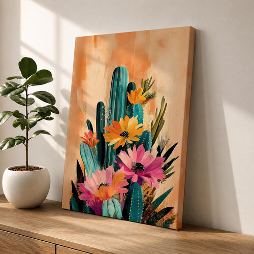 A vibrant watercolor painting featuring a cluster of cacti adorned with large blooming flowers in a boho style. The composition highlights desert flora with detailed brushwork and soft washes of color, creating a fresh and natural floral artwork perfect for botanical-themed decor.