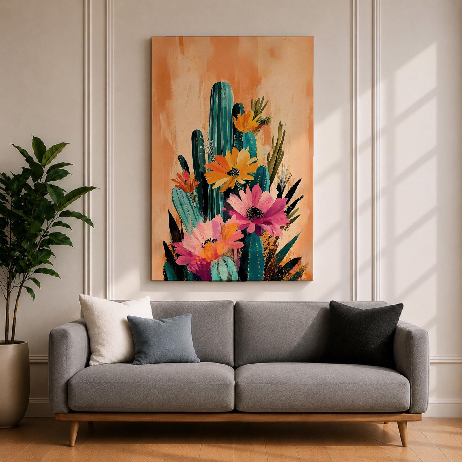 A vibrant watercolor painting featuring a cluster of cacti adorned with large blooming flowers in a boho style. The composition highlights desert flora with detailed brushwork and soft washes of color, creating a fresh and natural floral artwork perfect for botanical-themed decor.
