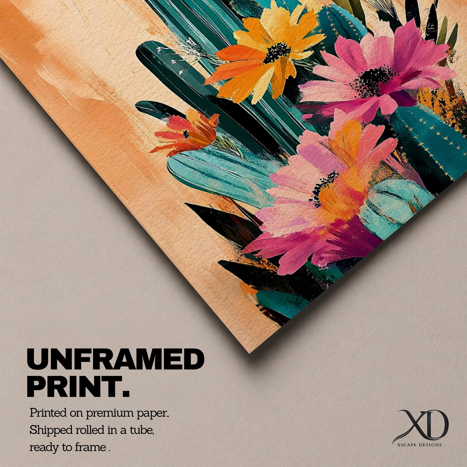 A vibrant watercolor painting featuring a cluster of cacti adorned with large blooming flowers in a boho style. The composition highlights desert flora with detailed brushwork and soft washes of color, creating a fresh and natural floral artwork perfect for botanical-themed decor.