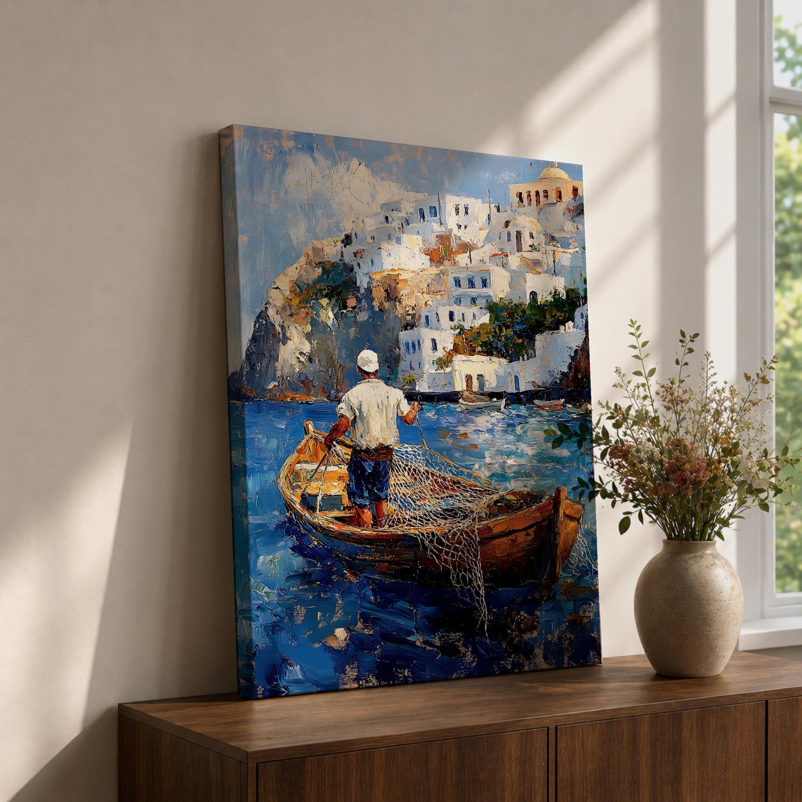 An impasto style painting depicting a Greek fisherman standing in a wooden boat casting a net on vibrant blue water with white Mediterranean coastal buildings on a rocky hillside in the background, capturing a traditional seaside fishing scene.