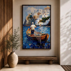 An impasto style painting depicting a Greek fisherman standing in a wooden boat casting a net on vibrant blue water with white Mediterranean coastal buildings on a rocky hillside in the background, capturing a traditional seaside fishing scene.
