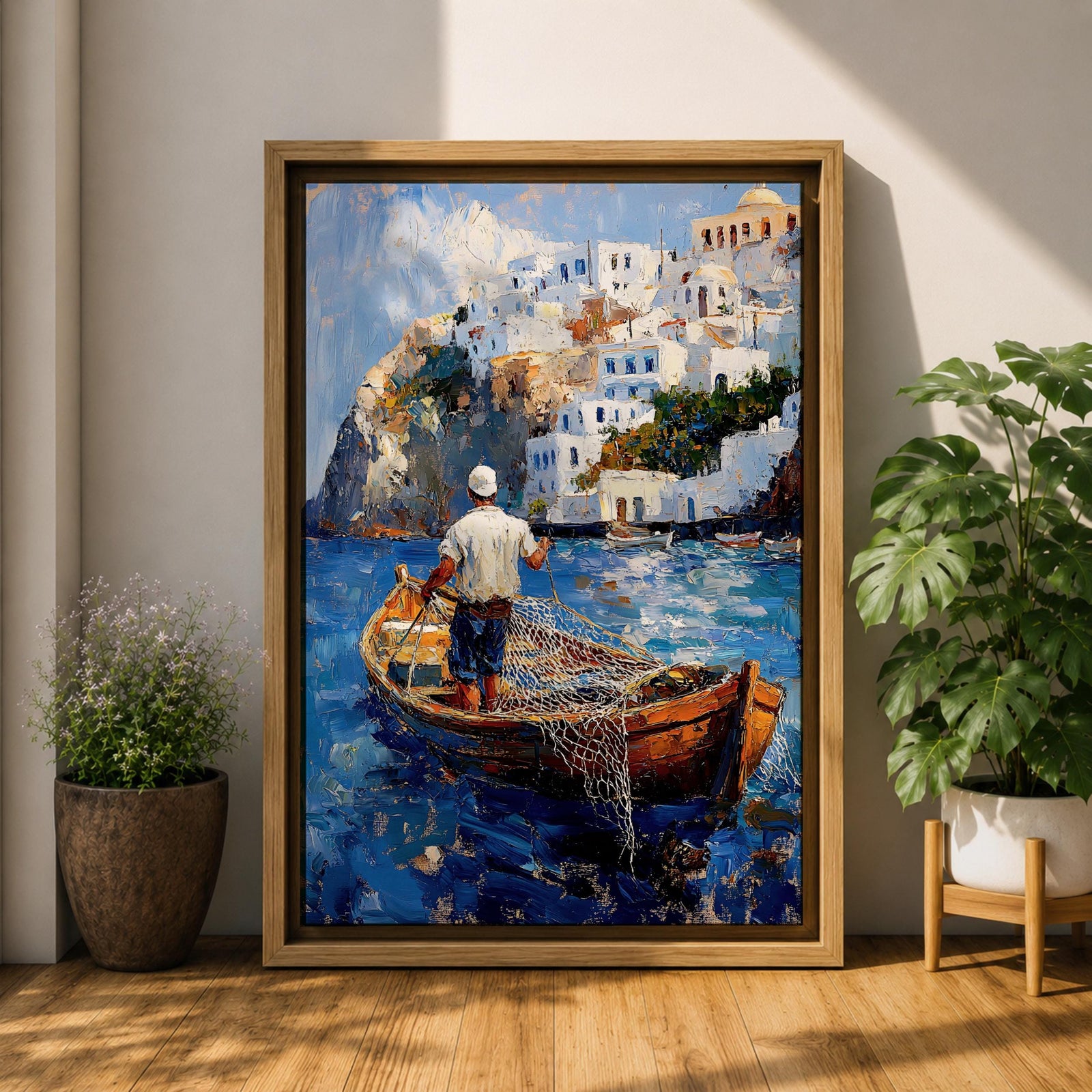 An impasto style painting depicting a Greek fisherman standing in a wooden boat casting a net on vibrant blue water with white Mediterranean coastal buildings on a rocky hillside in the background, capturing a traditional seaside fishing scene.