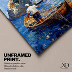 An impasto style painting depicting a Greek fisherman standing in a wooden boat casting a net on vibrant blue water with white Mediterranean coastal buildings on a rocky hillside in the background, capturing a traditional seaside fishing scene.