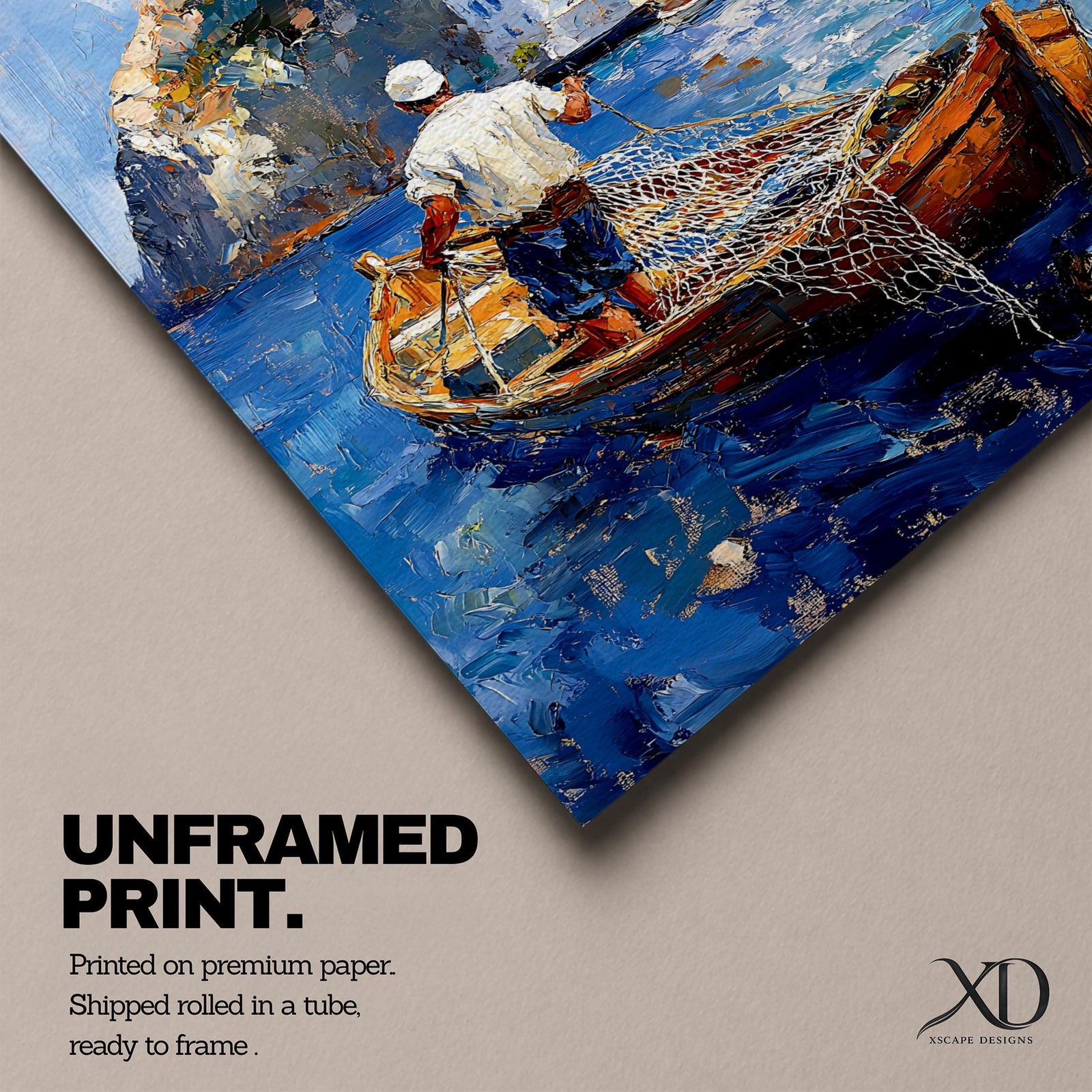 An impasto style painting depicting a Greek fisherman standing in a wooden boat casting a net on vibrant blue water with white Mediterranean coastal buildings on a rocky hillside in the background, capturing a traditional seaside fishing scene.