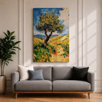 This impasto style painting features a single tree with thick textured brushstrokes in vibrant greens and yellows set against a bright blue sky and rolling hills, capturing a lively Mediterranean landscape with expressive, dynamic strokes and rich color contrasts.