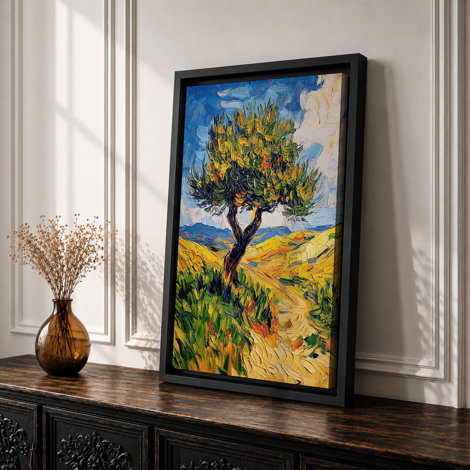 This impasto style painting features a single tree with thick textured brushstrokes in vibrant greens and yellows set against a bright blue sky and rolling hills, capturing a lively Mediterranean landscape with expressive, dynamic strokes and rich color contrasts.