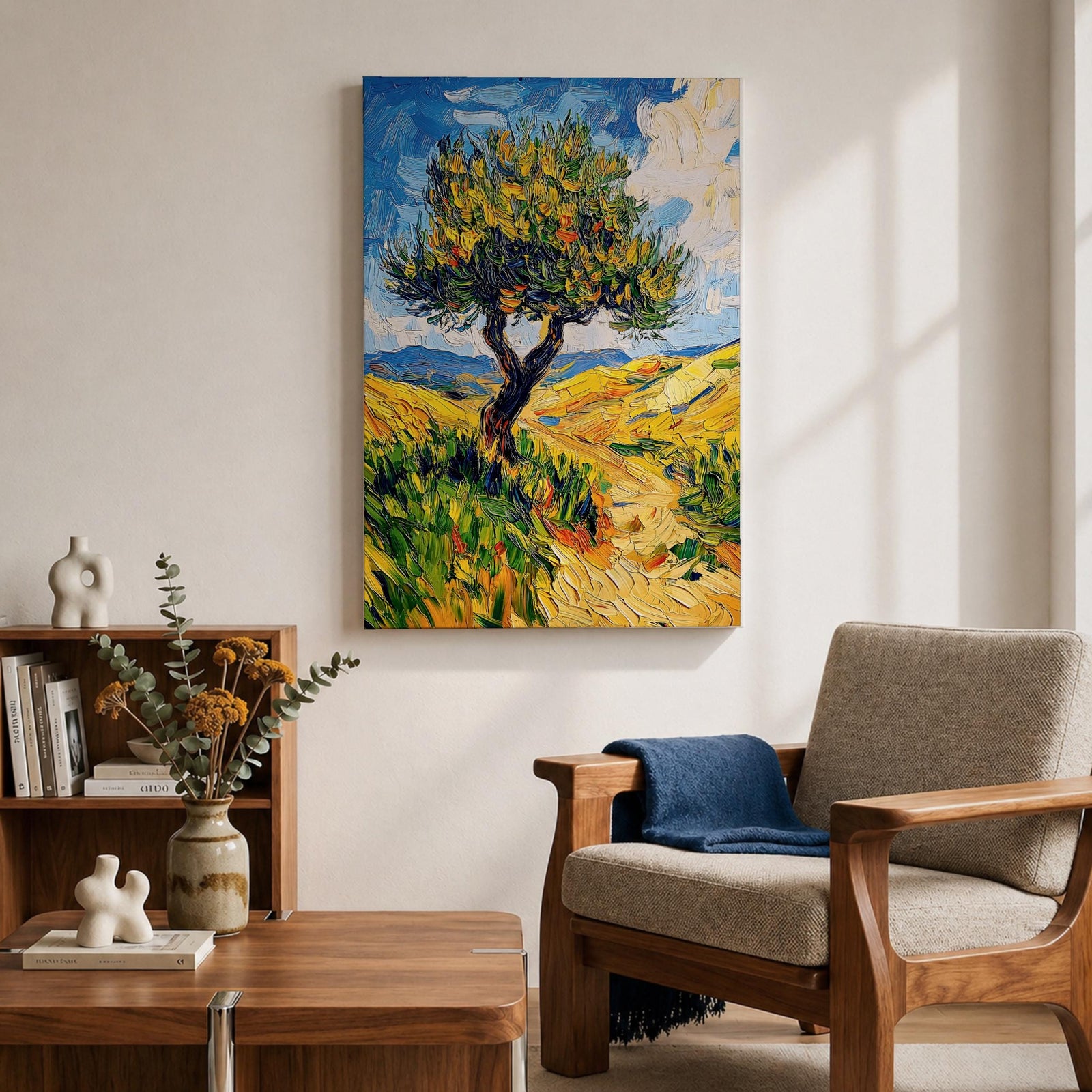This impasto style painting features a single tree with thick textured brushstrokes in vibrant greens and yellows set against a bright blue sky and rolling hills, capturing a lively Mediterranean landscape with expressive, dynamic strokes and rich color contrasts.