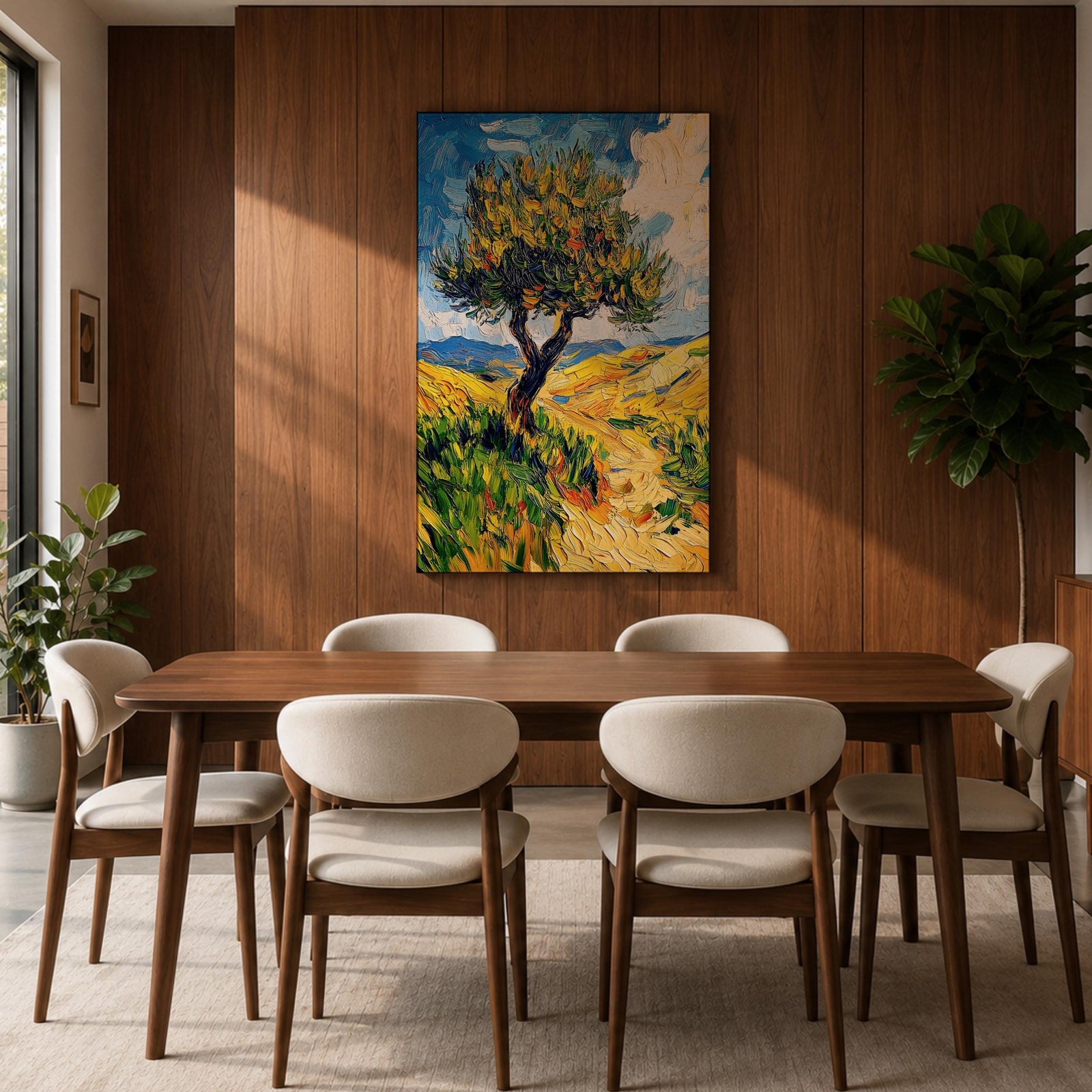 This impasto style painting features a single tree with thick textured brushstrokes in vibrant greens and yellows set against a bright blue sky and rolling hills, capturing a lively Mediterranean landscape with expressive, dynamic strokes and rich color contrasts.