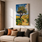 This impasto style painting features a single tree with thick textured brushstrokes in vibrant greens and yellows set against a bright blue sky and rolling hills, capturing a lively Mediterranean landscape with expressive, dynamic strokes and rich color contrasts.