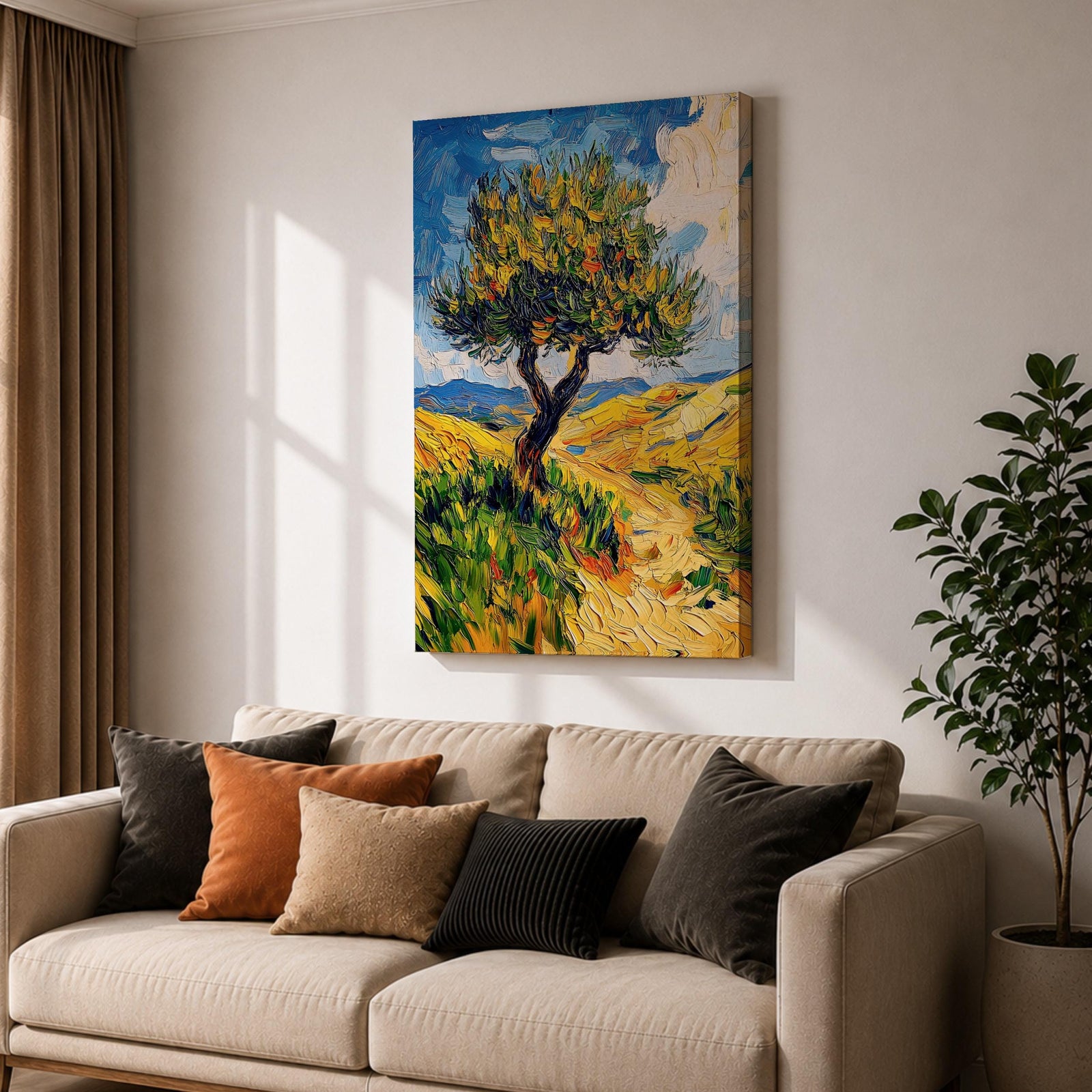 This impasto style painting features a single tree with thick textured brushstrokes in vibrant greens and yellows set against a bright blue sky and rolling hills, capturing a lively Mediterranean landscape with expressive, dynamic strokes and rich color contrasts.