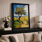 This impasto style painting features a single tree with thick textured brushstrokes in vibrant greens and yellows set against a bright blue sky and rolling hills, capturing a lively Mediterranean landscape with expressive, dynamic strokes and rich color contrasts.