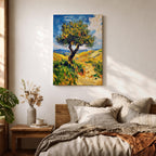 This impasto style painting features a single tree with thick textured brushstrokes in vibrant greens and yellows set against a bright blue sky and rolling hills, capturing a lively Mediterranean landscape with expressive, dynamic strokes and rich color contrasts.