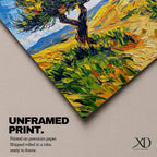 This impasto style painting features a single tree with thick textured brushstrokes in vibrant greens and yellows set against a bright blue sky and rolling hills, capturing a lively Mediterranean landscape with expressive, dynamic strokes and rich color contrasts.