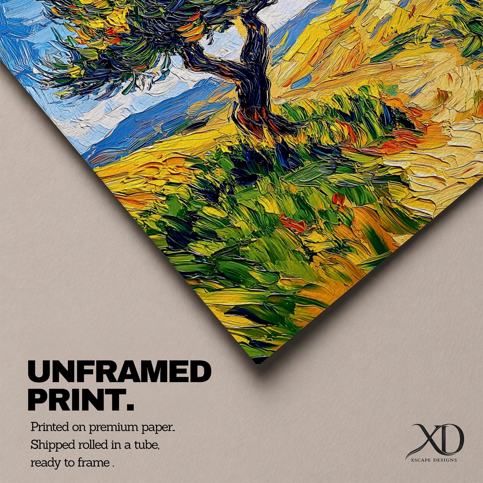 This impasto style painting features a single tree with thick textured brushstrokes in vibrant greens and yellows set against a bright blue sky and rolling hills, capturing a lively Mediterranean landscape with expressive, dynamic strokes and rich color contrasts.