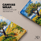 This impasto style painting features a single tree with thick textured brushstrokes in vibrant greens and yellows set against a bright blue sky and rolling hills, capturing a lively Mediterranean landscape with expressive, dynamic strokes and rich color contrasts.