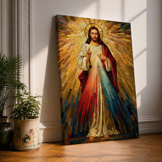 A mosaic style artwork depicting Divine Mercy of Jesus with radiant golden rays emanating behind him and red and blue beams flowing from his heart area, framed in a wooden frame, showcasing intricate tile-like geometric patterns and vibrant colors.