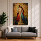 A mosaic style artwork depicting Divine Mercy of Jesus with radiant golden rays emanating behind him and red and blue beams flowing from his heart area, framed in a wooden frame, showcasing intricate tile-like geometric patterns and vibrant colors.