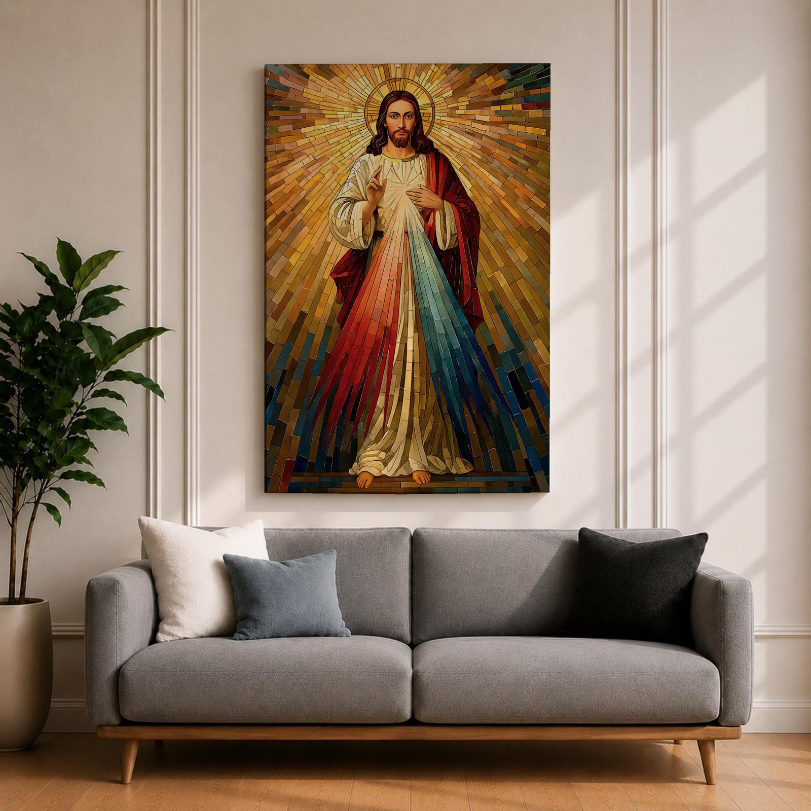 A mosaic style artwork depicting Divine Mercy of Jesus with radiant golden rays emanating behind him and red and blue beams flowing from his heart area, framed in a wooden frame, showcasing intricate tile-like geometric patterns and vibrant colors.
