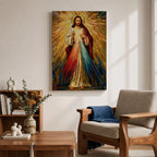 A mosaic style artwork depicting Divine Mercy of Jesus with radiant golden rays emanating behind him and red and blue beams flowing from his heart area, framed in a wooden frame, showcasing intricate tile-like geometric patterns and vibrant colors.