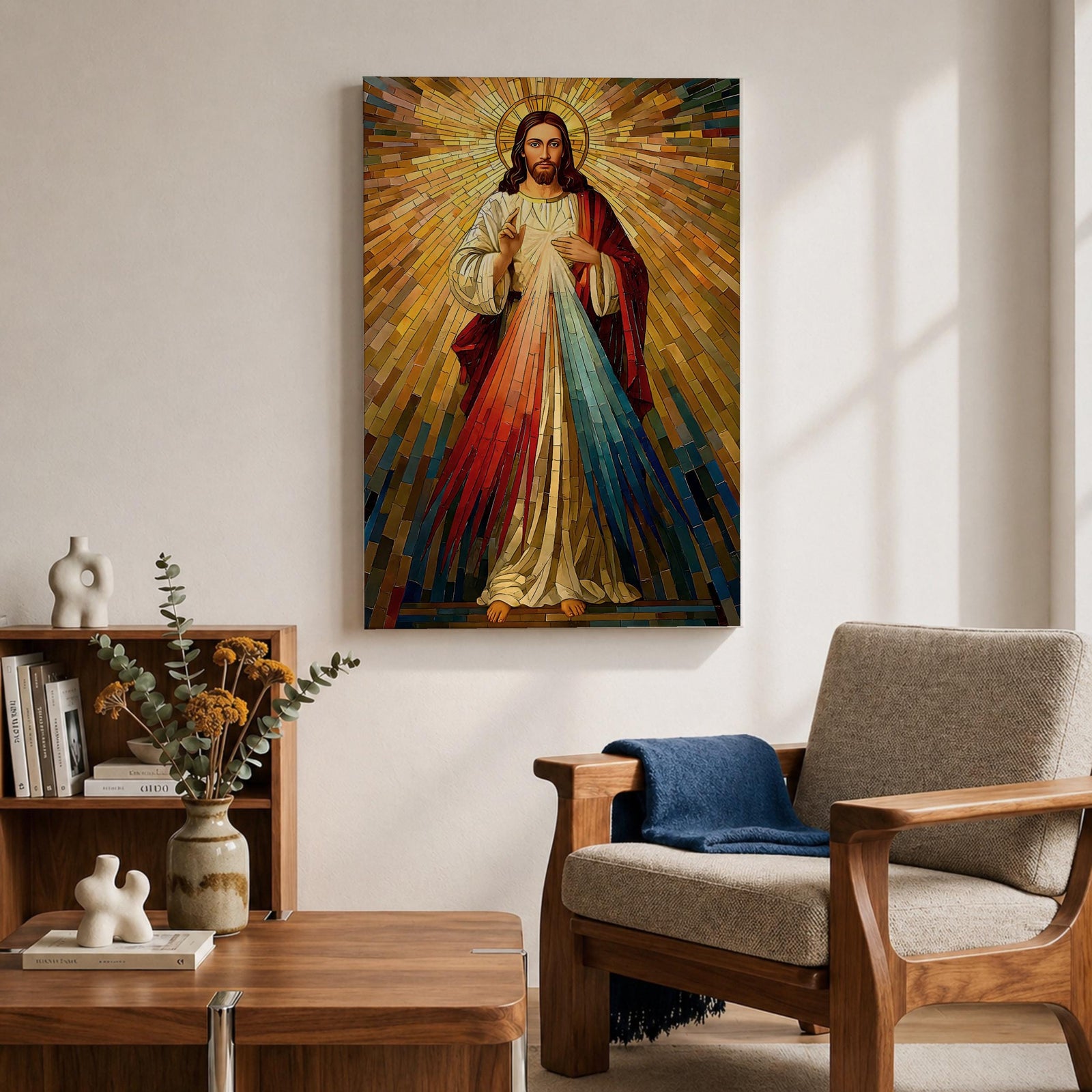 A mosaic style artwork depicting Divine Mercy of Jesus with radiant golden rays emanating behind him and red and blue beams flowing from his heart area, framed in a wooden frame, showcasing intricate tile-like geometric patterns and vibrant colors.