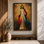 A mosaic style artwork depicting Divine Mercy of Jesus with radiant golden rays emanating behind him and red and blue beams flowing from his heart area, framed in a wooden frame, showcasing intricate tile-like geometric patterns and vibrant colors.
