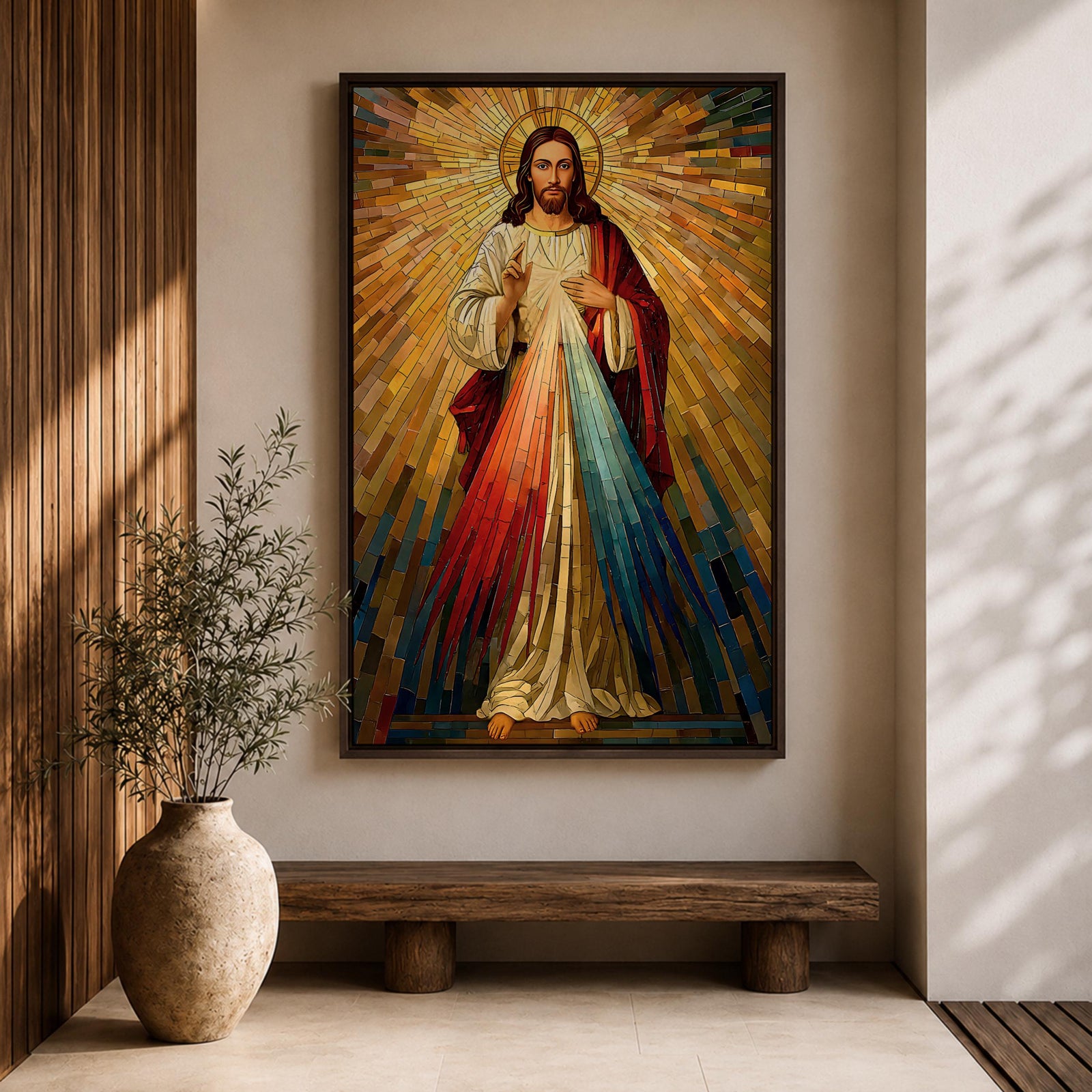 A mosaic style artwork depicting Divine Mercy of Jesus with radiant golden rays emanating behind him and red and blue beams flowing from his heart area, framed in a wooden frame, showcasing intricate tile-like geometric patterns and vibrant colors.