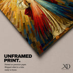 A mosaic style artwork depicting Divine Mercy of Jesus with radiant golden rays emanating behind him and red and blue beams flowing from his heart area, framed in a wooden frame, showcasing intricate tile-like geometric patterns and vibrant colors.