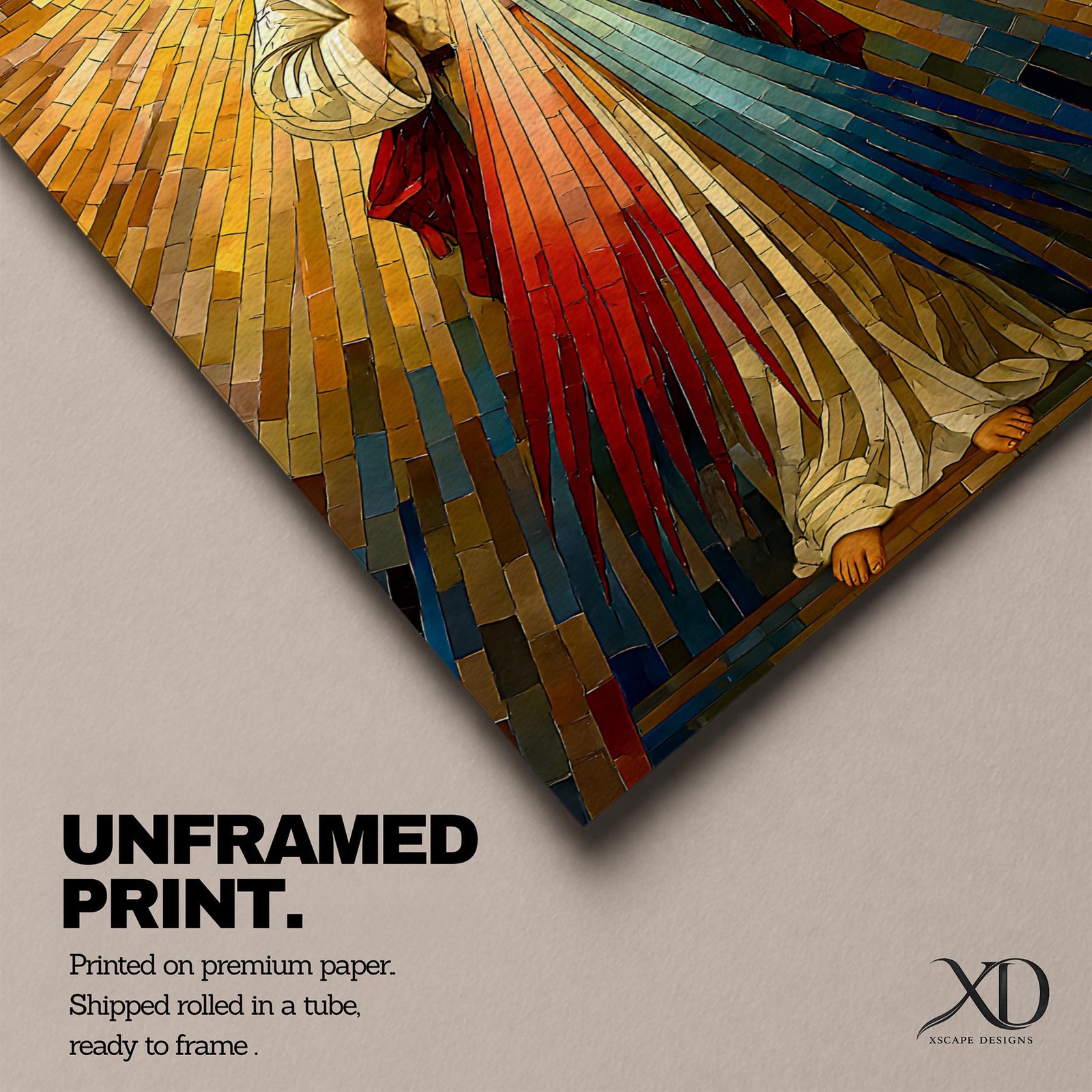 A mosaic style artwork depicting Divine Mercy of Jesus with radiant golden rays emanating behind him and red and blue beams flowing from his heart area, framed in a wooden frame, showcasing intricate tile-like geometric patterns and vibrant colors.