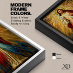 A mosaic style artwork depicting Divine Mercy of Jesus with radiant golden rays emanating behind him and red and blue beams flowing from his heart area, framed in a wooden frame, showcasing intricate tile-like geometric patterns and vibrant colors.