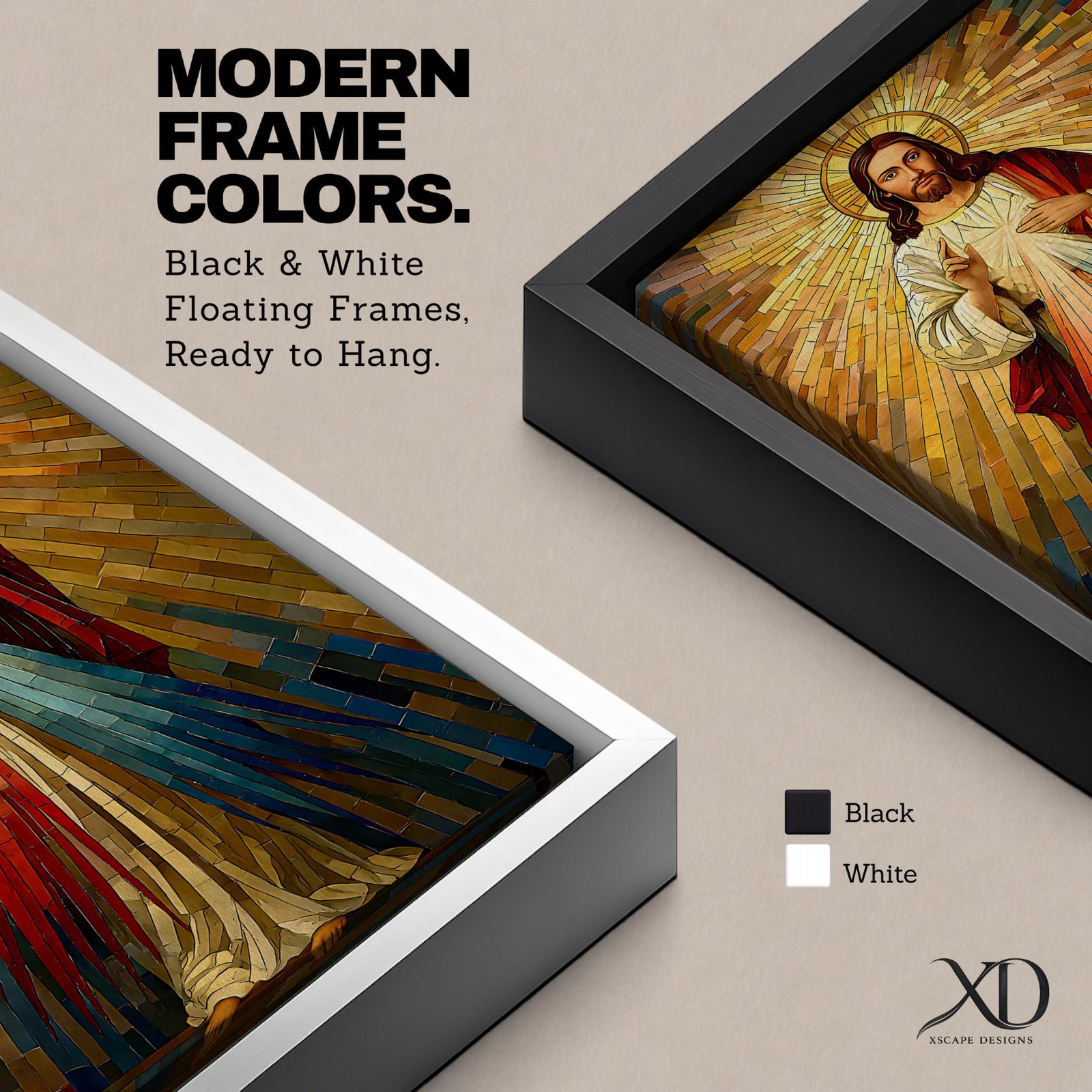 A mosaic style artwork depicting Divine Mercy of Jesus with radiant golden rays emanating behind him and red and blue beams flowing from his heart area, framed in a wooden frame, showcasing intricate tile-like geometric patterns and vibrant colors.