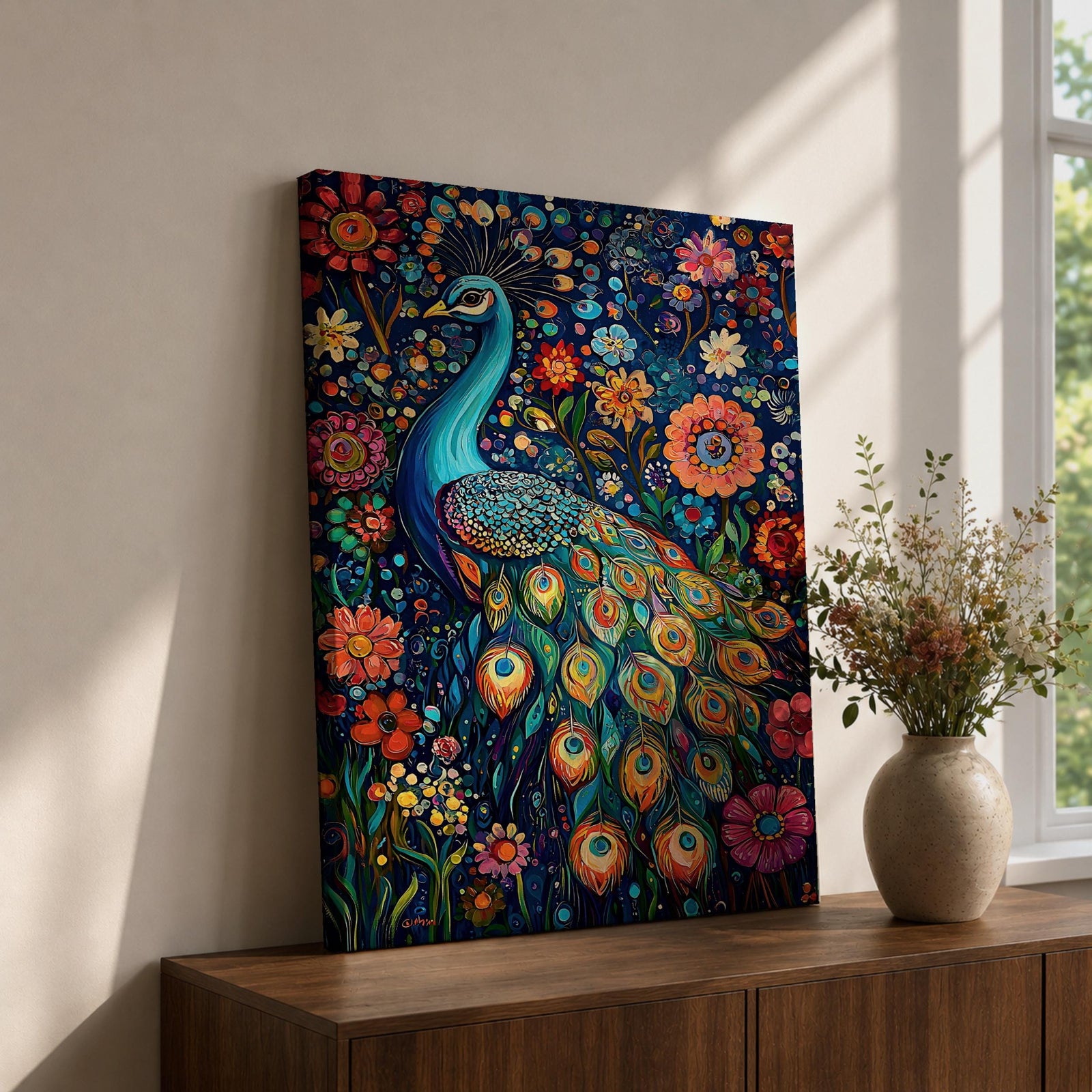Peacock Bird Wall Art Indian Peafowl Floral Nature Symbol Gift Living Room Home Decor