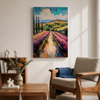 This impasto style oil painting depicts a vineyard landscape with rows of grapevines stretching into the distance under a partly cloudy sky. The textured brushstrokes create depth and vibrancy, highlighting the rolling hills and tall cypress trees characteristic of a country vineyard scene.