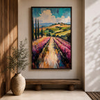 This impasto style oil painting depicts a vineyard landscape with rows of grapevines stretching into the distance under a partly cloudy sky. The textured brushstrokes create depth and vibrancy, highlighting the rolling hills and tall cypress trees characteristic of a country vineyard scene.