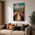 This impasto style oil painting depicts a vineyard landscape with rows of grapevines stretching into the distance under a partly cloudy sky. The textured brushstrokes create depth and vibrancy, highlighting the rolling hills and tall cypress trees characteristic of a country vineyard scene.
