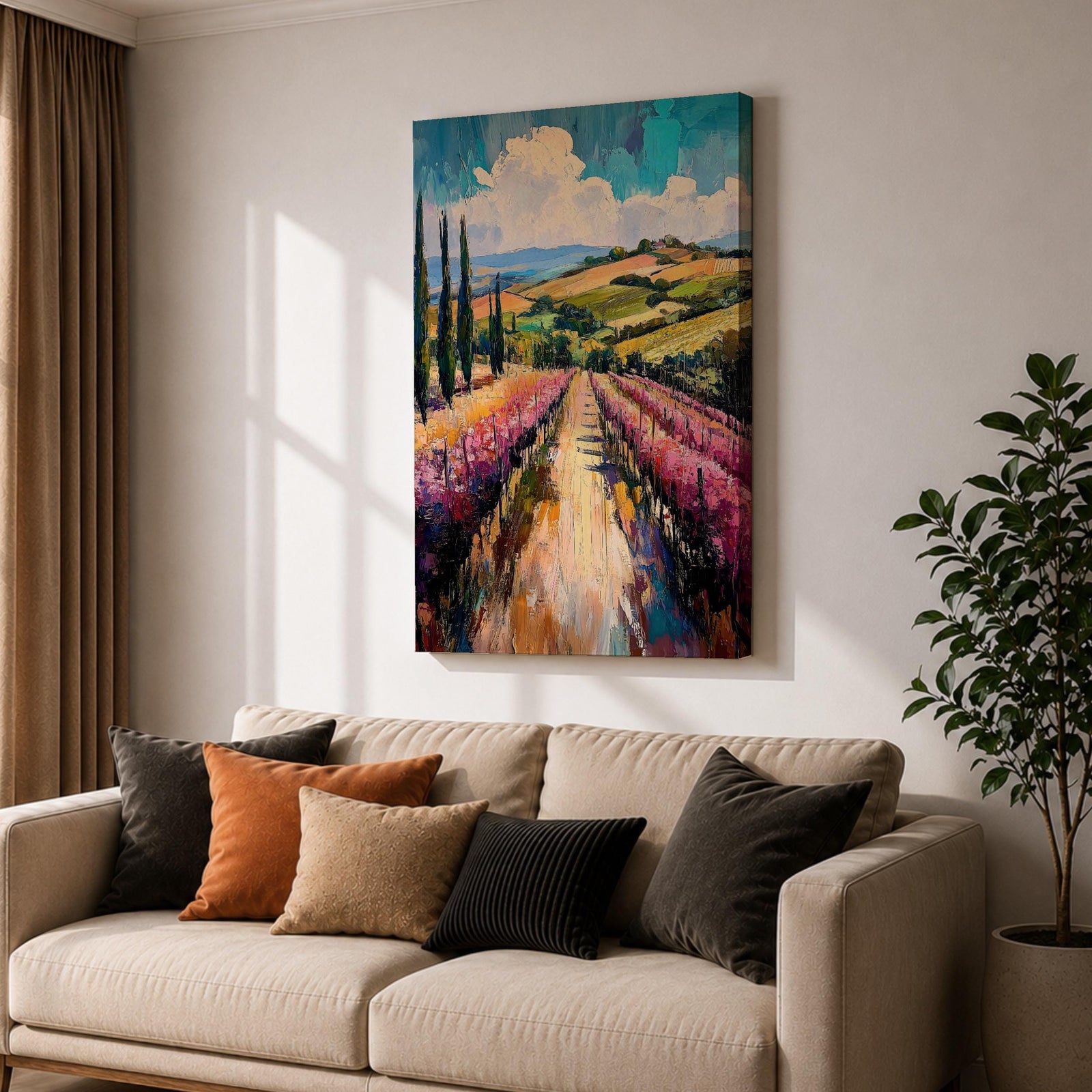 This impasto style oil painting depicts a vineyard landscape with rows of grapevines stretching into the distance under a partly cloudy sky. The textured brushstrokes create depth and vibrancy, highlighting the rolling hills and tall cypress trees characteristic of a country vineyard scene.