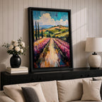 This impasto style oil painting depicts a vineyard landscape with rows of grapevines stretching into the distance under a partly cloudy sky. The textured brushstrokes create depth and vibrancy, highlighting the rolling hills and tall cypress trees characteristic of a country vineyard scene.