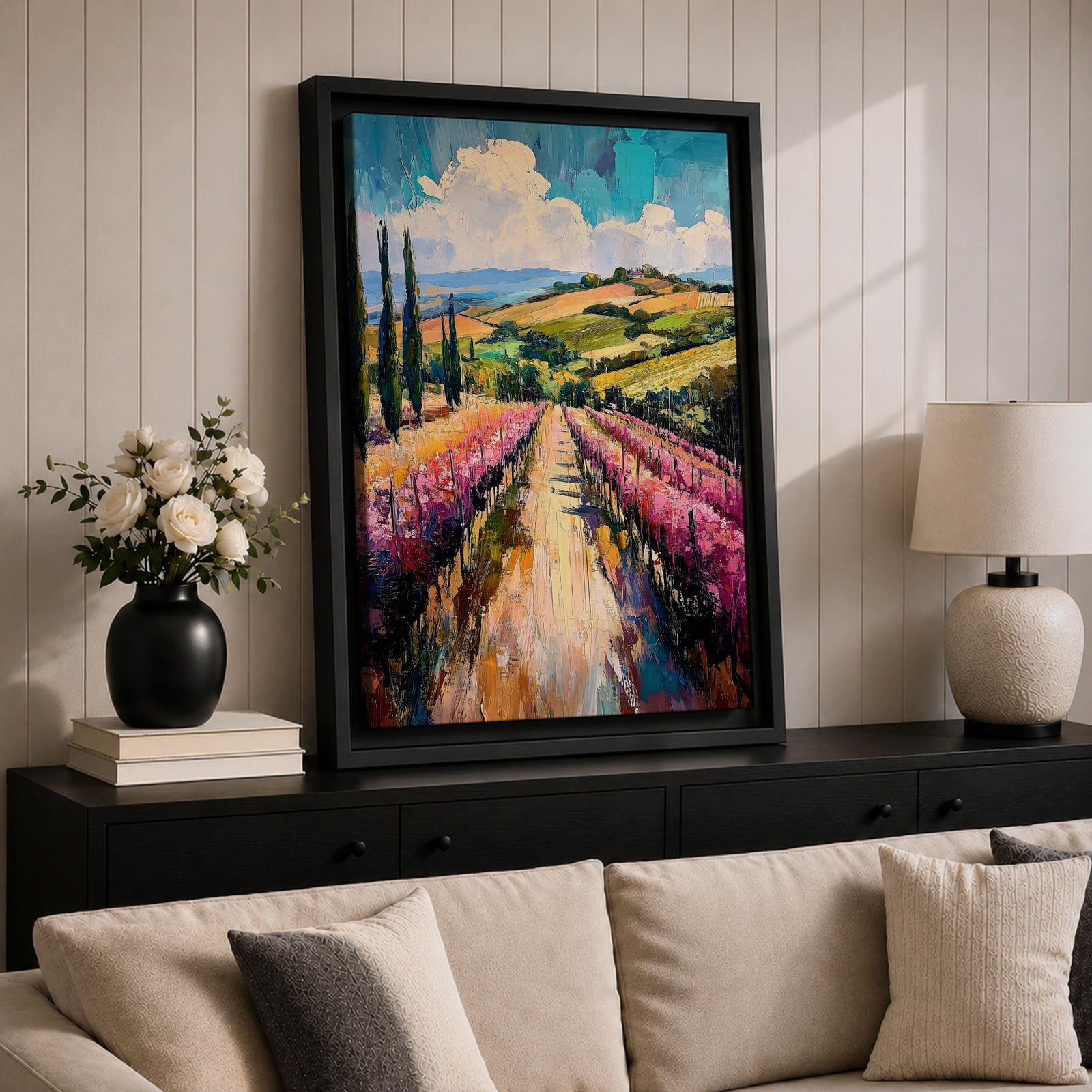 This impasto style oil painting depicts a vineyard landscape with rows of grapevines stretching into the distance under a partly cloudy sky. The textured brushstrokes create depth and vibrancy, highlighting the rolling hills and tall cypress trees characteristic of a country vineyard scene.