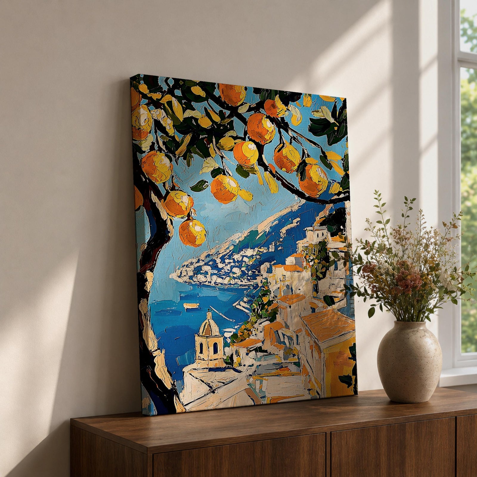 An impasto style painting of the Amalfi Coast featuring vibrant lemon tree branches in the foreground with a view of coastal buildings and the sea below, rendered with thick textured brushstrokes and rich colors emphasizing Mediterranean landscape elements.