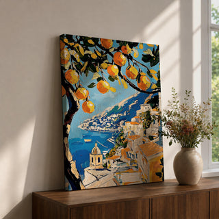 An impasto style painting of the Amalfi Coast featuring vibrant lemon tree branches in the foreground with a view of coastal buildings and the sea below, rendered with thick textured brushstrokes and rich colors emphasizing Mediterranean landscape elements.