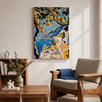 An impasto style painting of the Amalfi Coast featuring vibrant lemon tree branches in the foreground with a view of coastal buildings and the sea below, rendered with thick textured brushstrokes and rich colors emphasizing Mediterranean landscape elements.