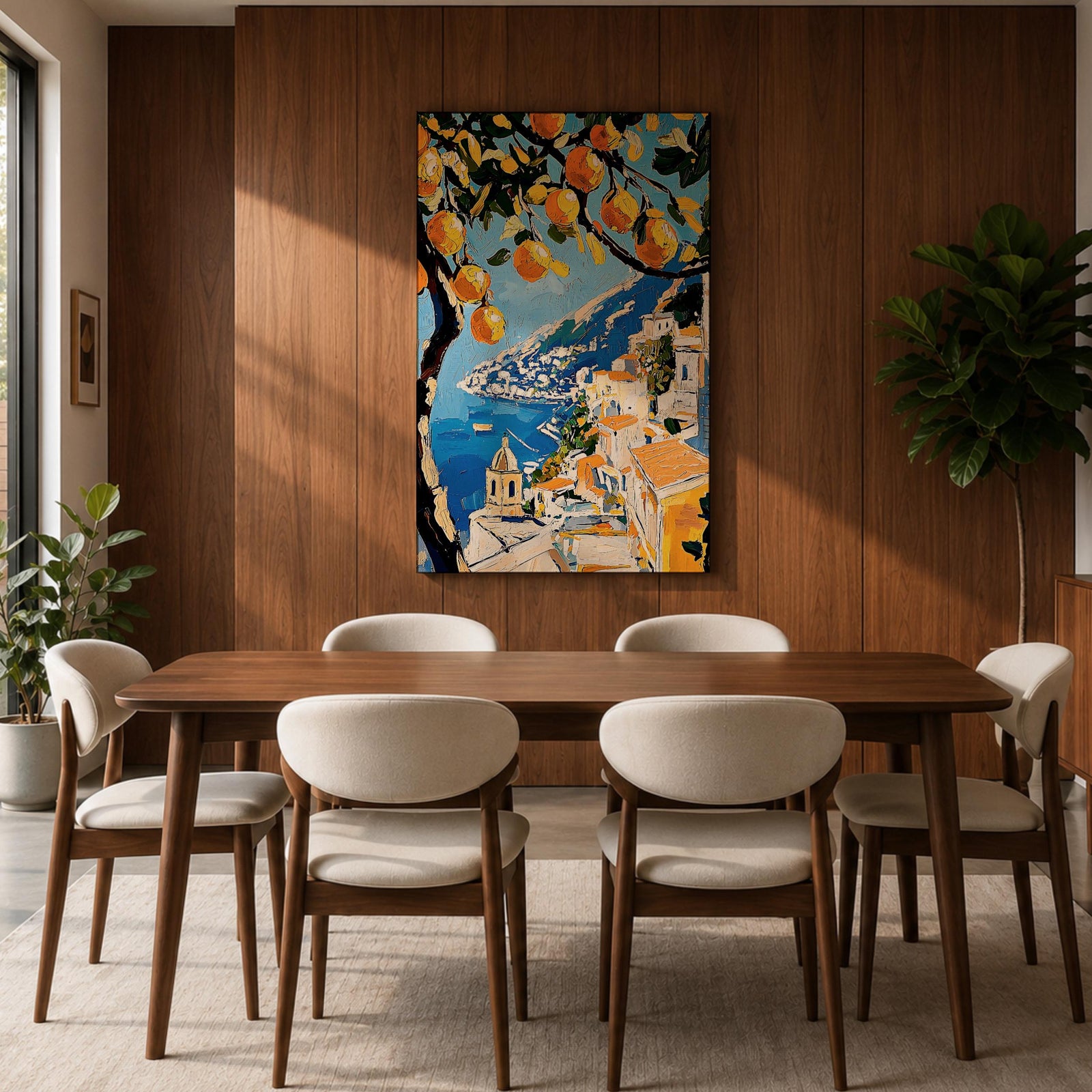 An impasto style painting of the Amalfi Coast featuring vibrant lemon tree branches in the foreground with a view of coastal buildings and the sea below, rendered with thick textured brushstrokes and rich colors emphasizing Mediterranean landscape elements.