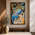 An impasto style painting of the Amalfi Coast featuring vibrant lemon tree branches in the foreground with a view of coastal buildings and the sea below, rendered with thick textured brushstrokes and rich colors emphasizing Mediterranean landscape elements.