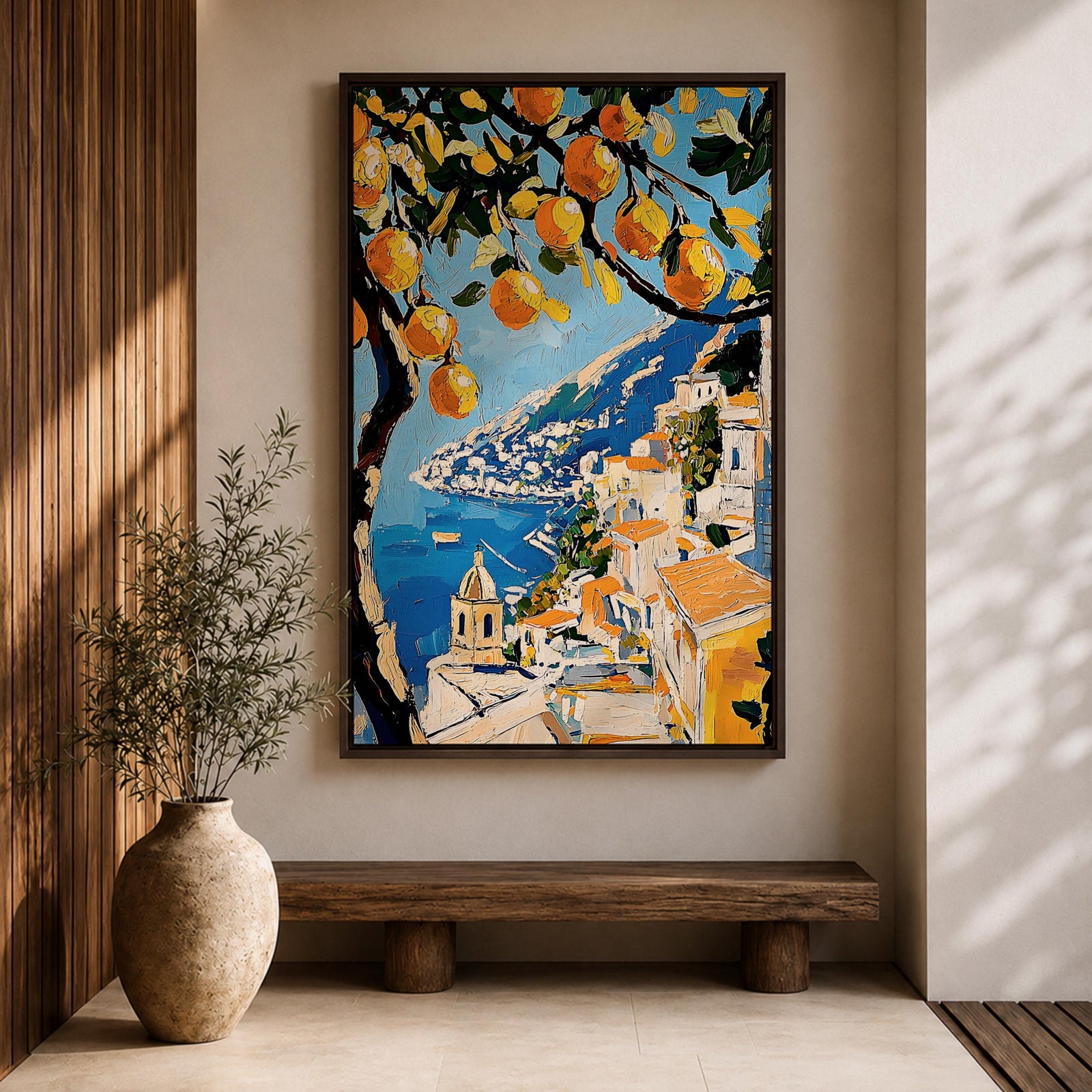An impasto style painting of the Amalfi Coast featuring vibrant lemon tree branches in the foreground with a view of coastal buildings and the sea below, rendered with thick textured brushstrokes and rich colors emphasizing Mediterranean landscape elements.