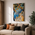 An impasto style painting of the Amalfi Coast featuring vibrant lemon tree branches in the foreground with a view of coastal buildings and the sea below, rendered with thick textured brushstrokes and rich colors emphasizing Mediterranean landscape elements.